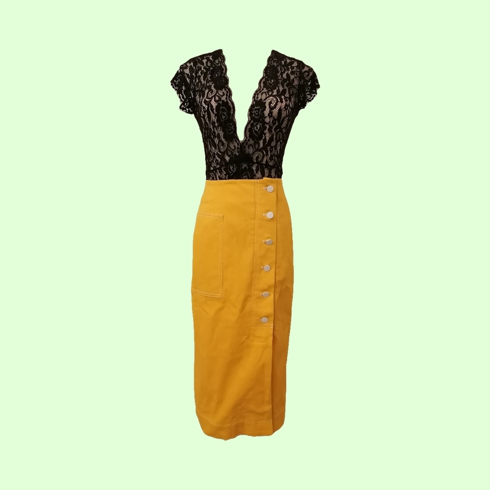 🐝🐝yellow denim fabric midi skirt